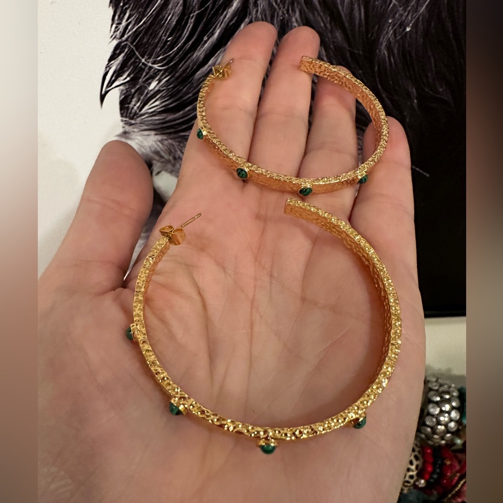 Elegant Gold and Green Hammered Hoop Earrings